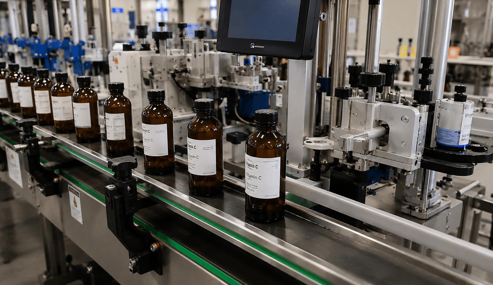 Automatic labeling machine applying roll labels on a packaging line