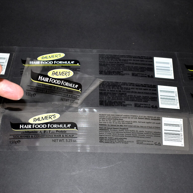Printed clear plastic packaging with bold white text for pet product and retail packaging applications