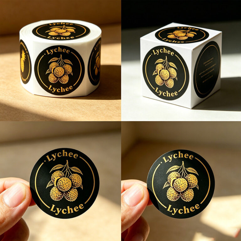 Custom round lychee gold foil sticker held by hand with matching label roll in background