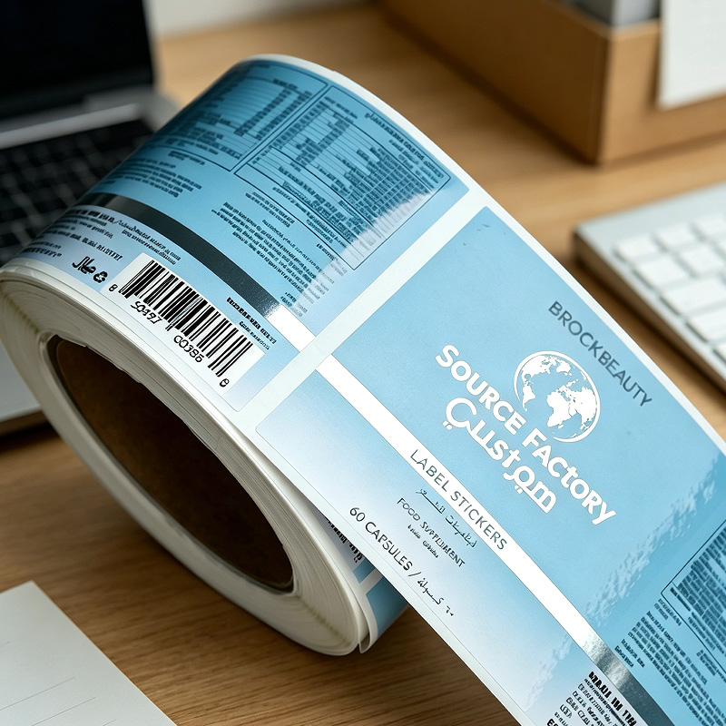 Applied custom vinyl label on supplement bottle