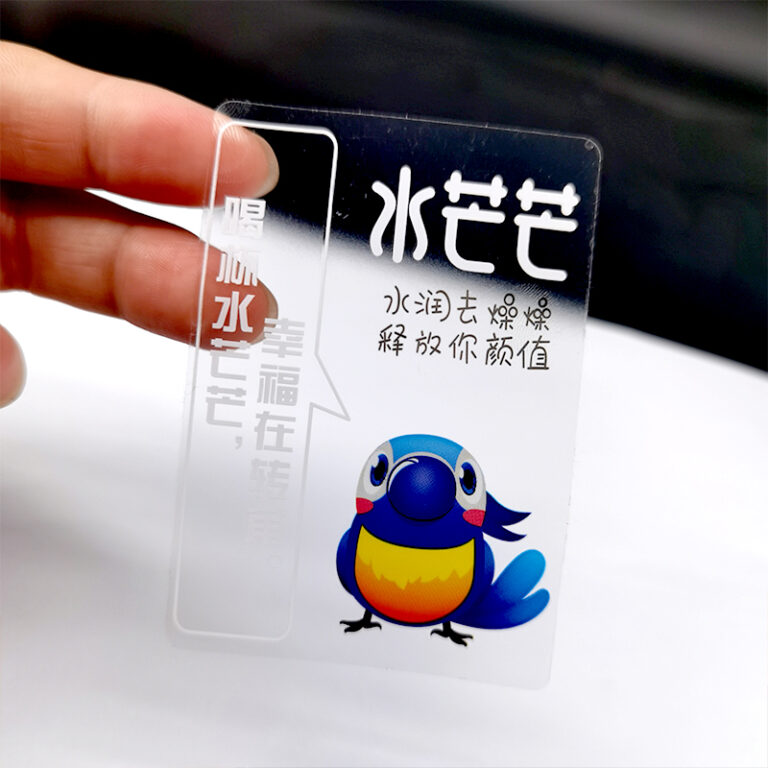 Custom clear sticker with white text and colorful bird illustration held by hand