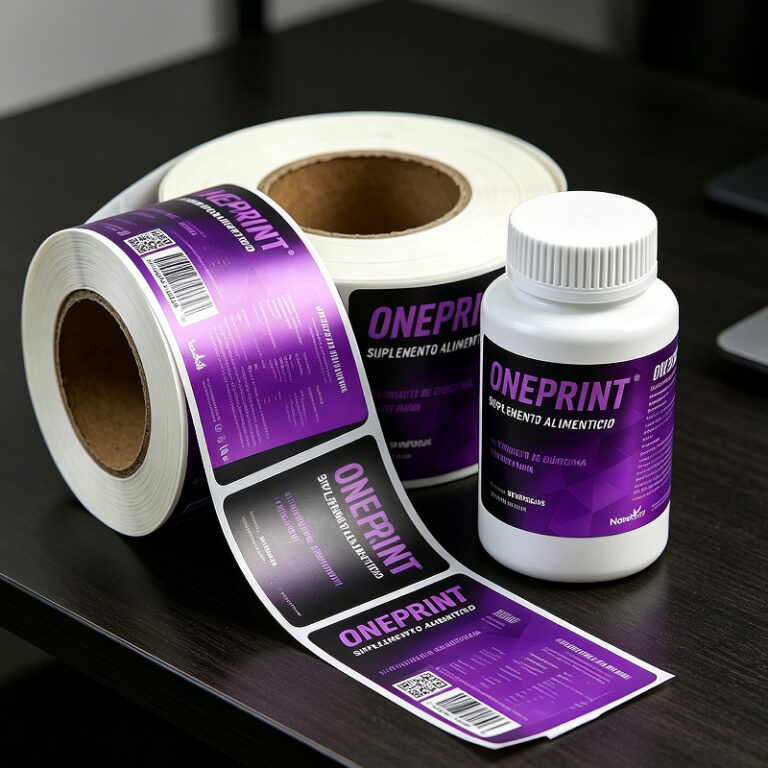 Roll-fed supplement labels with applied bottle sample