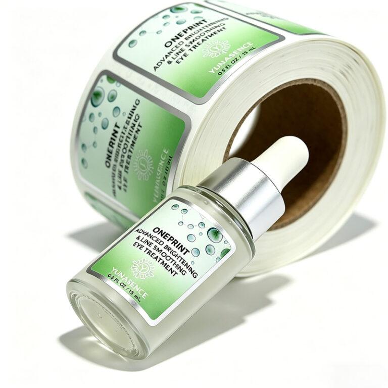 Custom vinyl labels for cosmetic bottles in roll format