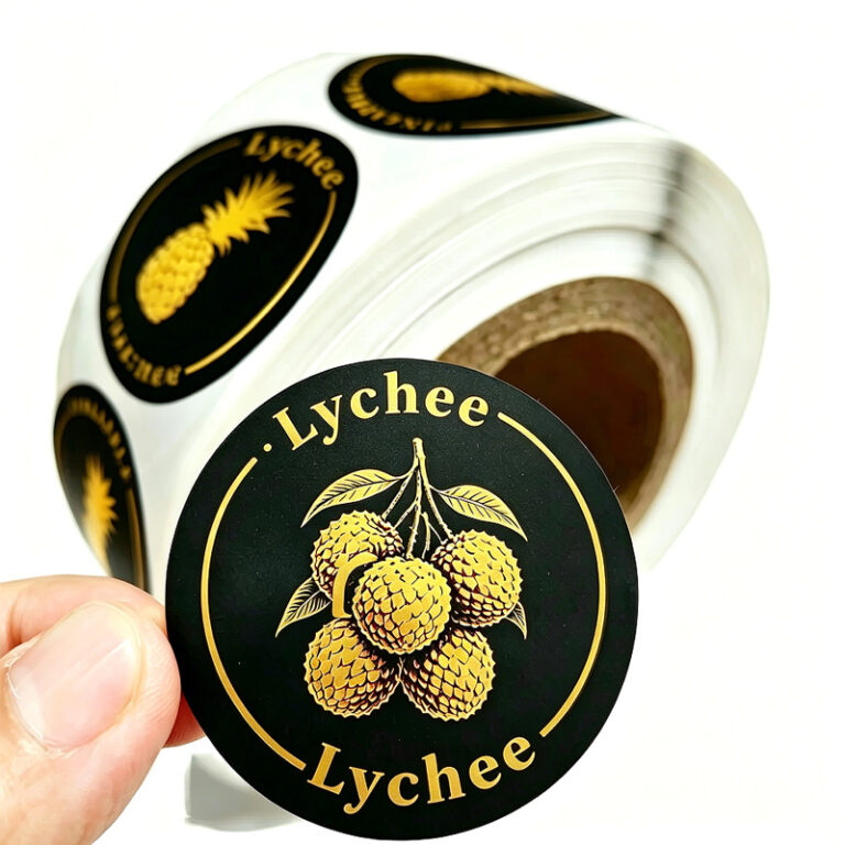 Round black and gold lychee foil stickers shown in roll form, applied on packaging box, and held by hand
