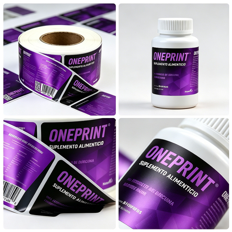 Close-up details of custom vitamin and supplement labels