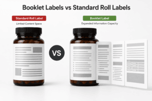 Booklet labels vs standard roll labels on supplement bottles, showing how booklet labels provide additional space for instructions, ingredients, and regulatory information.