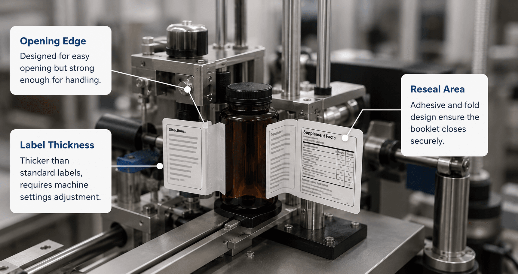 A technical close-up of a booklet label being applied to a bottle on an automated labeling machine, highlighting key construction features including the opening edge, label thickness, and reseal area.