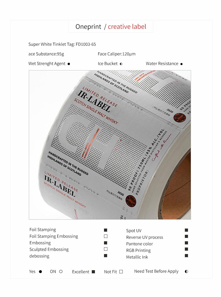 Textured label sample with spot UV and foil finishing options